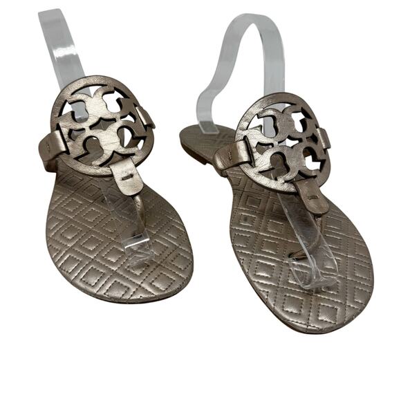 Tory Burch Miller Marion Gold Metallic Quilted Leather Logo Sandals Size 9.5 - Picture 1 of 12